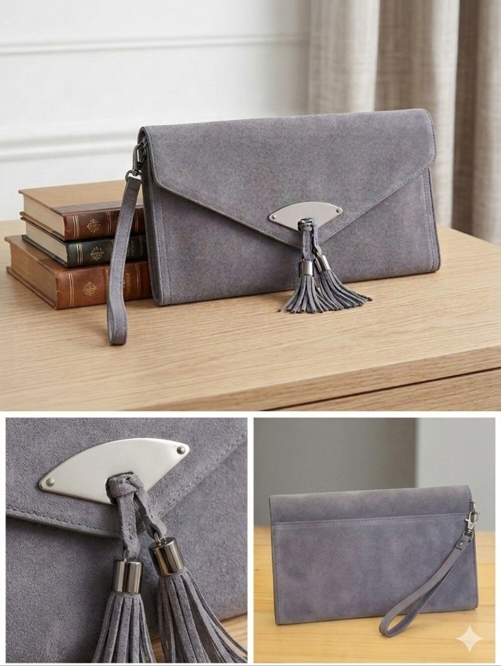 White House Black Market Gray Suede Clutch Wristlet Bag Tassels Envelope